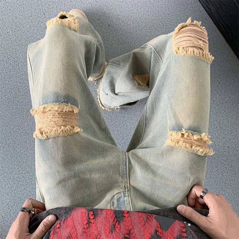 

Джинсы с необработанными краями, мужские модные популярные уличные брюки в корейском стиле для подростков, потертые ретро, весенне-осенние свободные винтажные брюки на каждый день