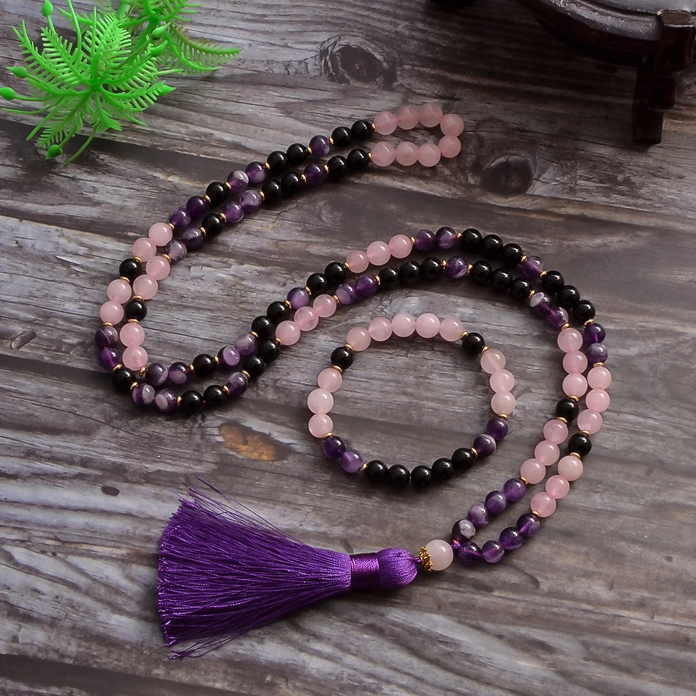 

8mm Natural Amethyst Black Onyx Rose Quartz Beads 108 Mala Necklace Meditation Yoga Prayer Jewelry Japamala Rosary Set for Women