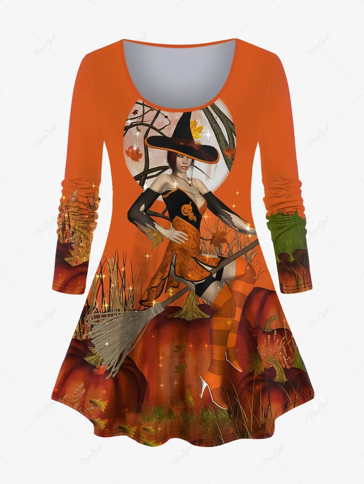 Autumn 2023 New Plus Size Halloween Pumpkin Tree Hat Witch Broom Wings Ghost Printed T-shirt Or Flare Pants Casual Matching Set