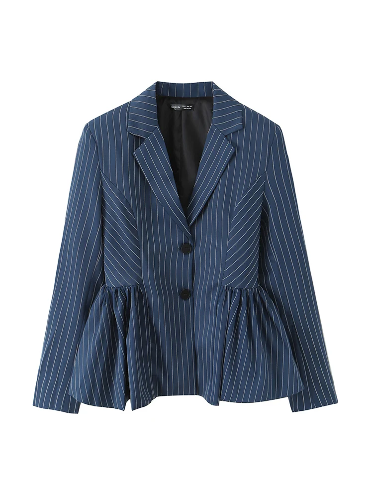 

European style new women's clothing fashionable and versatile temperament fluffy bud hem flat lapel long sleeve striped suit
