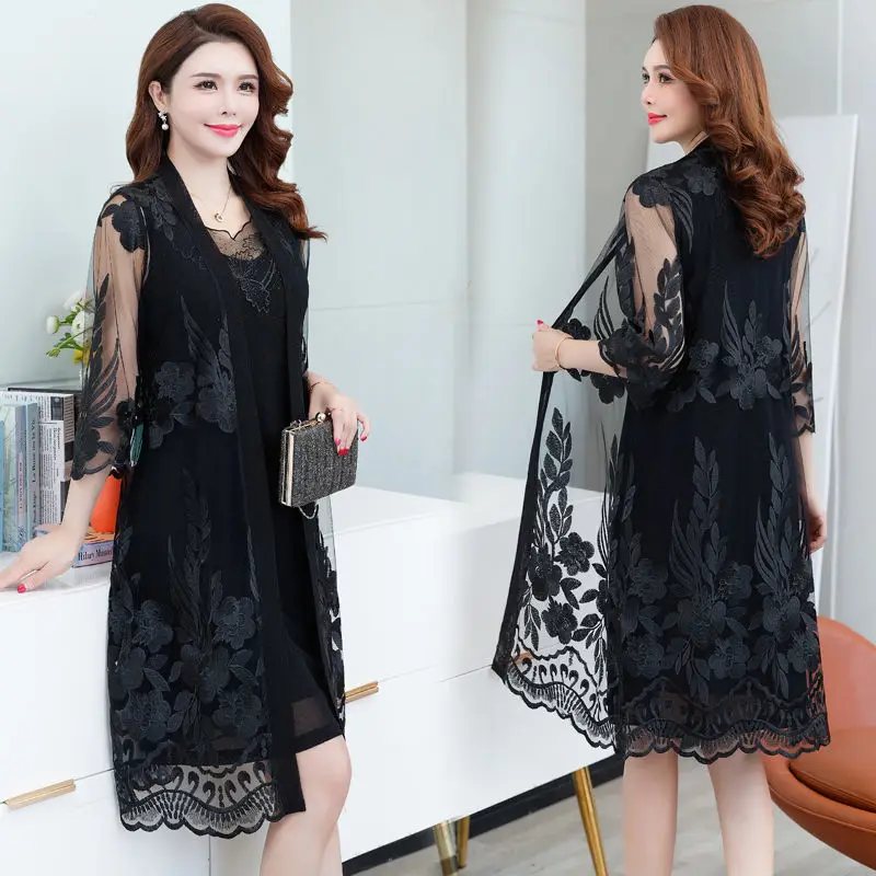 

2024 Women's Long-Sleeved Lace Cardigan Summer Women Mid-Length Mesh Tops Sun Protection Thin Shawl Coat Female Outerwear A249