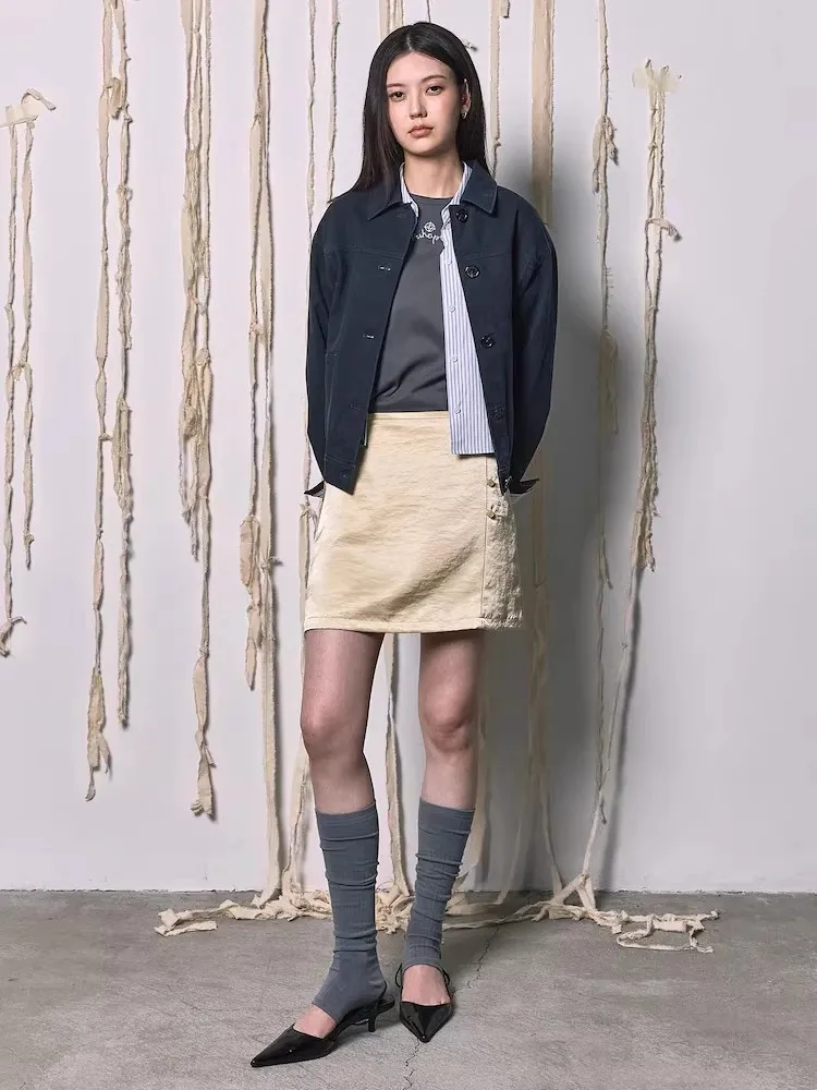 Authentic Noxiao La Casual Collar Jacket Spring 2026 Brand KP Short Outerwear Women's Loose Fit Long Sleeve Pure Cotton