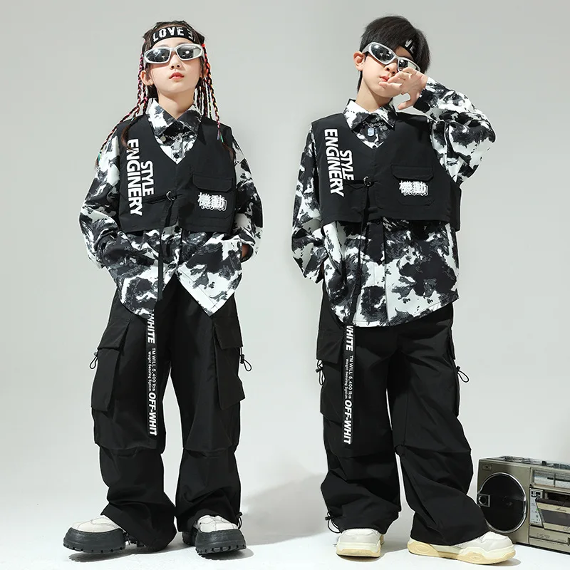 Children Fashion Hip Hop Clothes Kids Boys Girls Streetwear Loose Casual Cargo Jacket Pants Sets Tracksuits Stage Costume