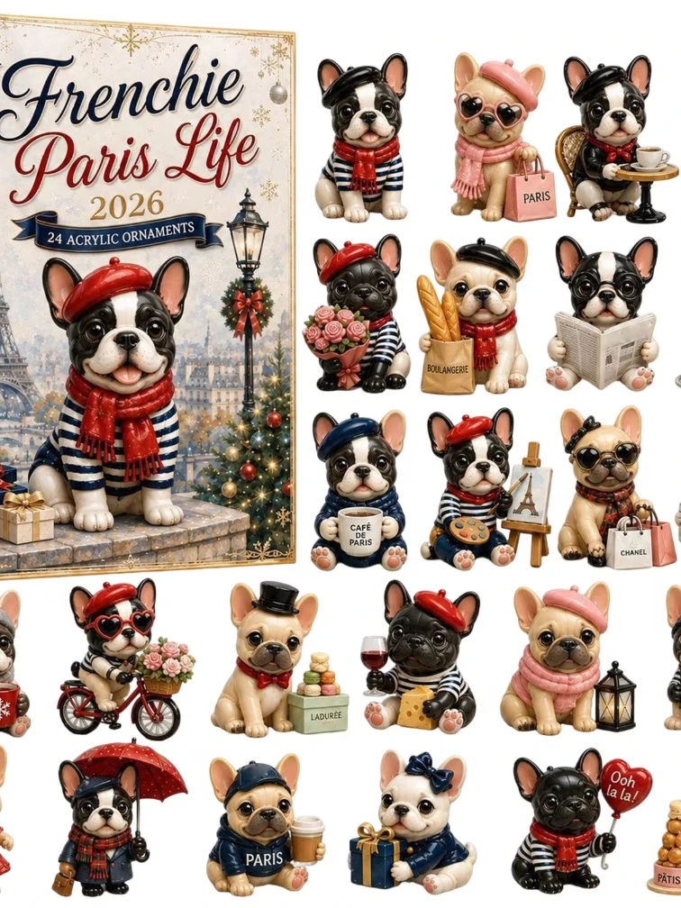 Kalendarz Adwentowy Frenchie Paris Life 2026 – 24 dni pełnych niespodzianek, kolekcjonerskie mini pudełko z tajemniczymi prezentami, idealny jako prezent do odliczania dni do Świąt Bożego Narodzenia. — 2