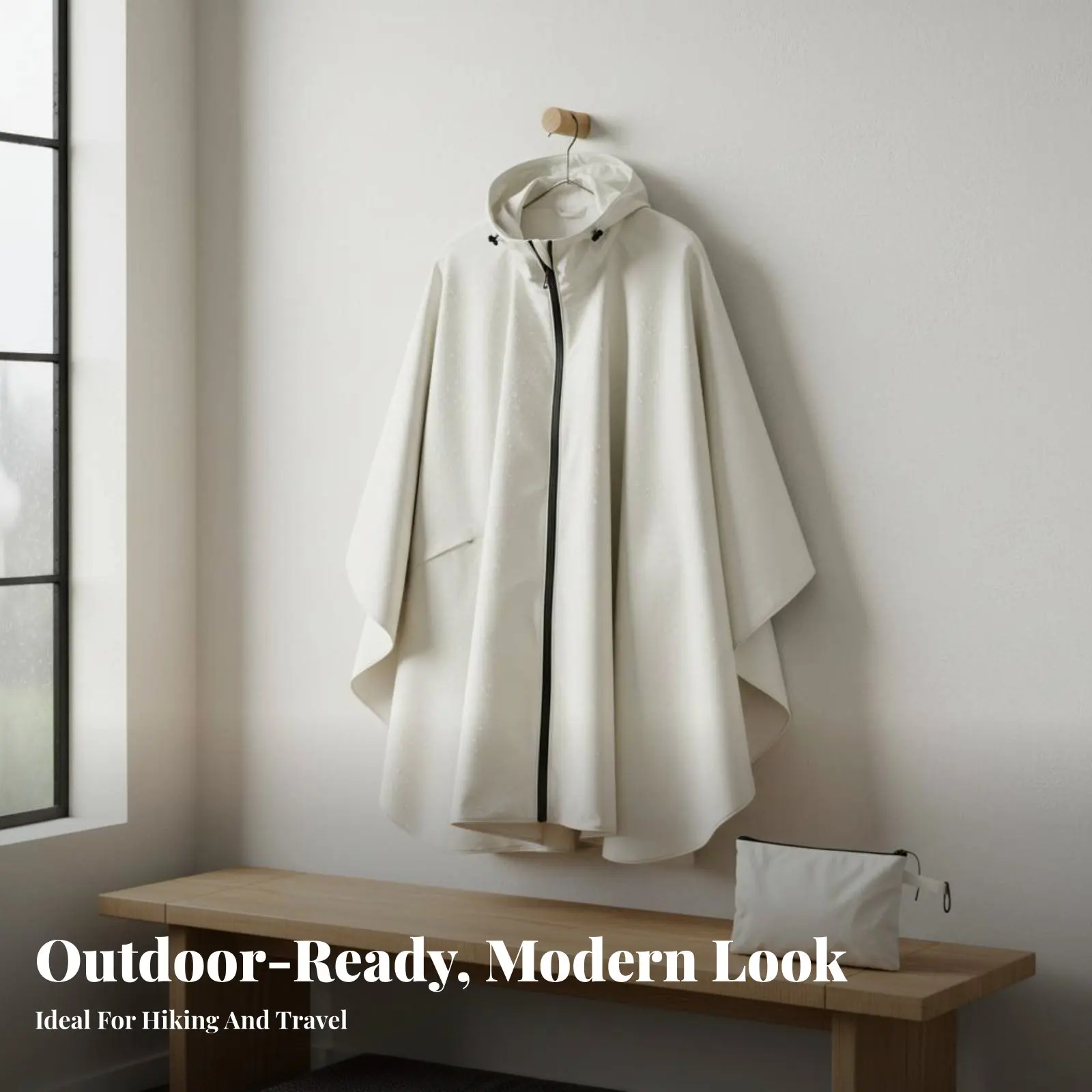 Hooded Rain Poncho Adjustable Hood Waterproof Poncho Jacket Zippered Rain Cloak Lightweight Raincoat Front Pocket for Climbing