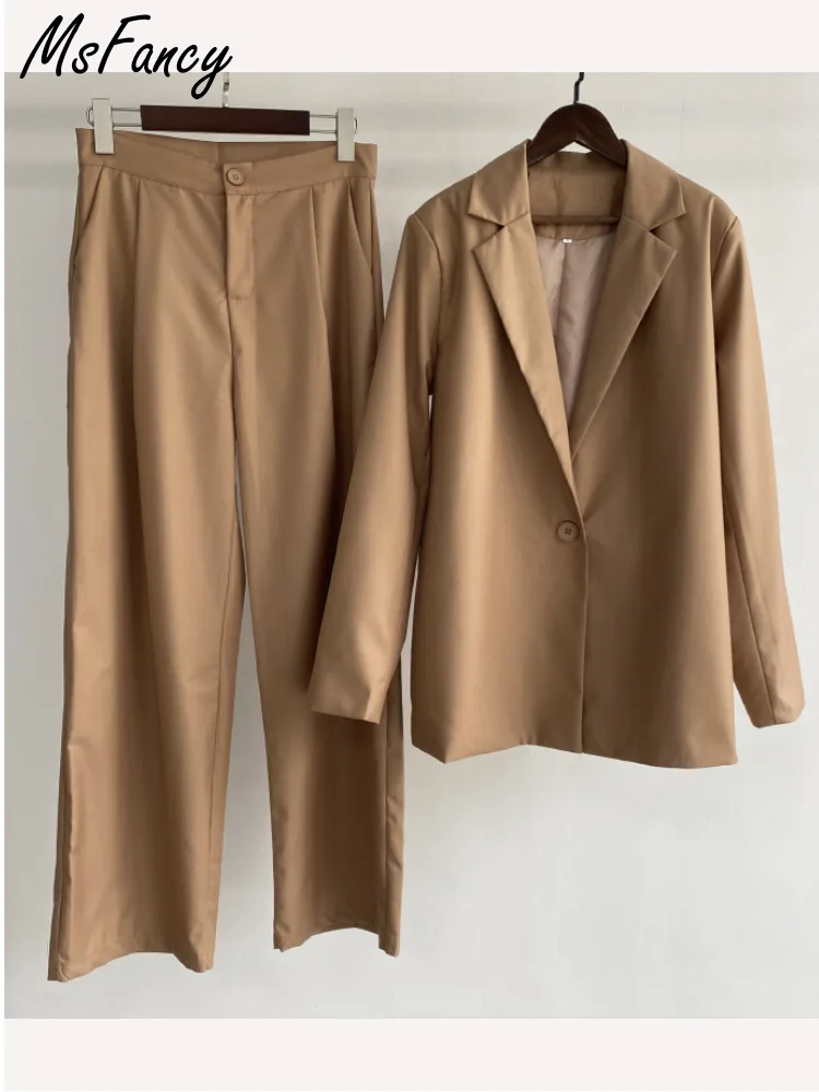 Msfancy Grey Blazer Suits Women Single button Blazer High Waist Wide Leg Trouser 2 Piece Sets Female Official Suits