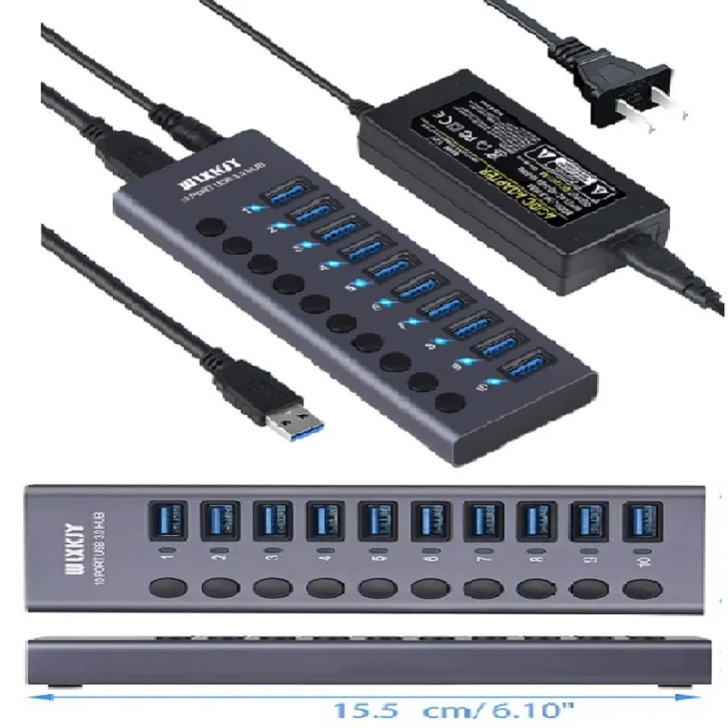 

USB3.0 10 Port Hub High Speed USB Splitter with Stand-Alone Switch Support 5Gbps Data USB Charging Station Computer Accessories