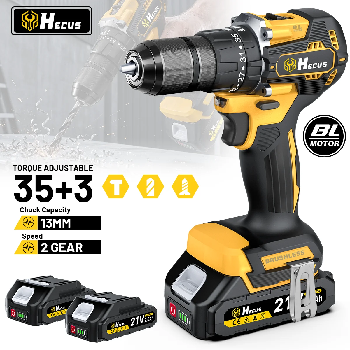 Hecus 35+3 Drehmoment Bürstenloser Elektrischer Schlagbohrschrauber 13MM LED Kabelloser Multischrauber Holz Metall Bohren Heimwerker Holzbearbeitung Elektrowerkzeug für Makita 18V Akku