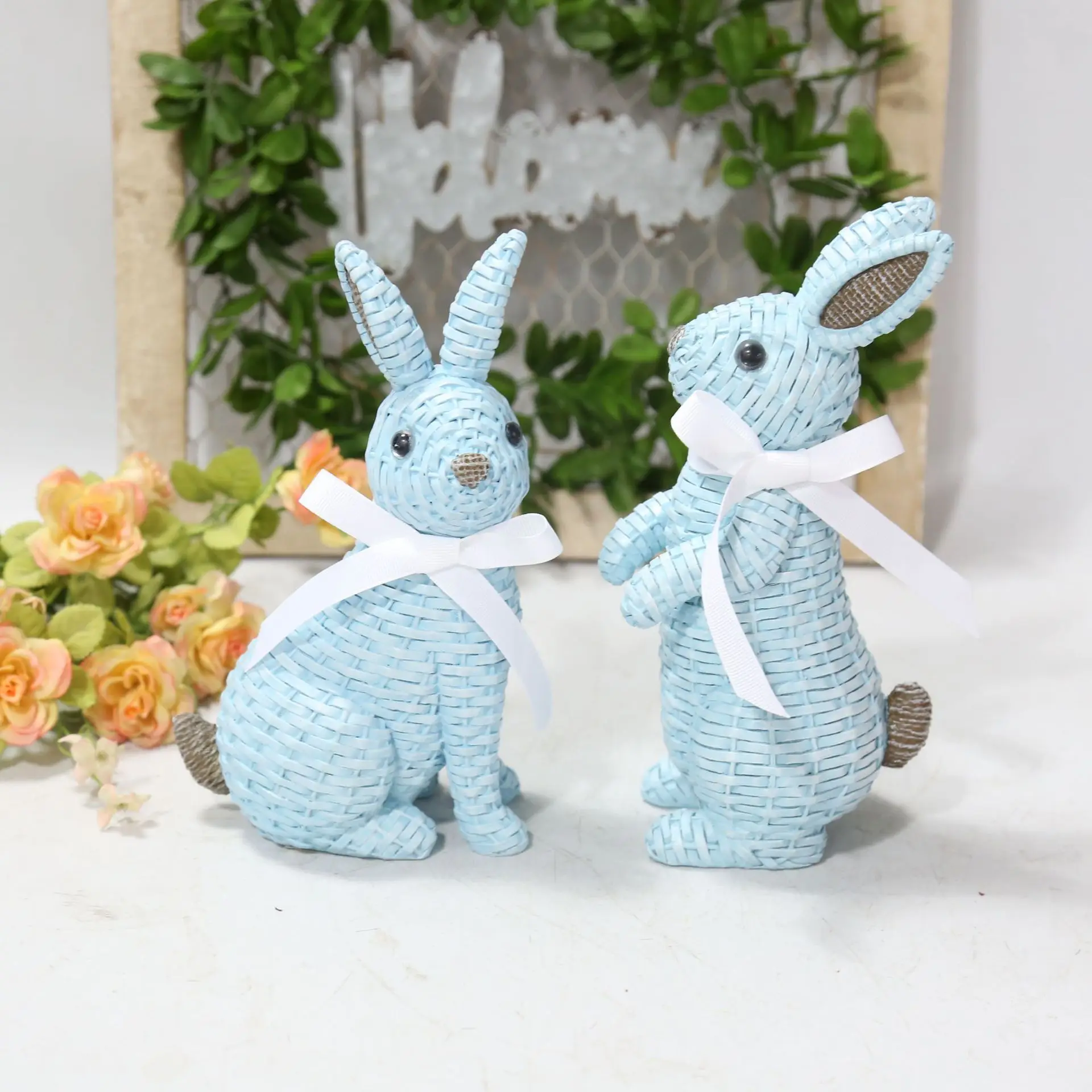 European Garden Courtyard Home Furnishings Children's Room Decoration Resin Bow Vine Weaving Effect Rabbit Easter Ornament