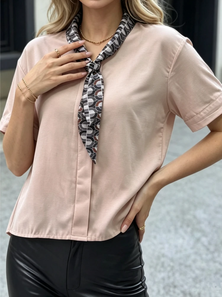 New Summer Women Chic V Neck Short Sleeve T Shirt With Matching Scarf Decor Soft Loose Fit Elegant Office Daily Casual Tops