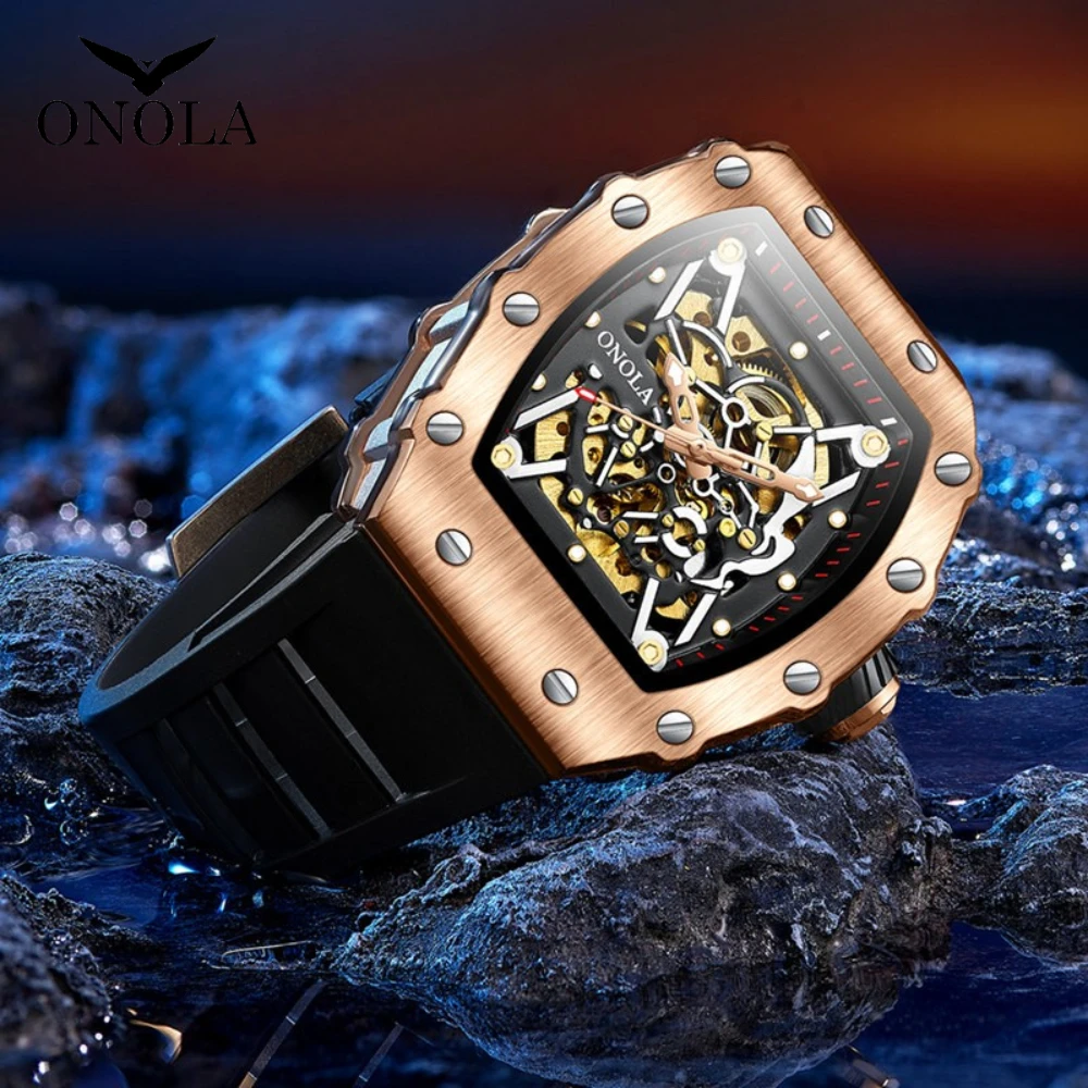 ONOLA Business Skeleton Automatic Mechanical Watch Men\'s Silicone Band Sports Waterproof  Male Boy Gift Clock Relogio Masculino