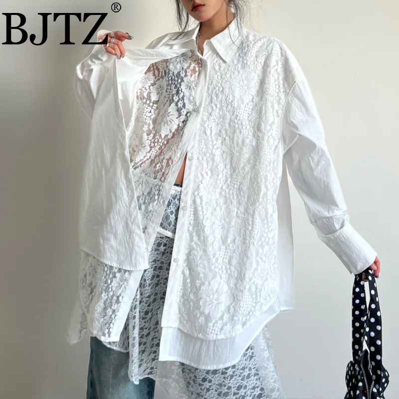 

BJTZ Белая кружевная лоскутная рубашка из двух частей с длинными рукавами для женщин, весна-лето 2025, новый дизайнерский свободный топ для тяжелой промышленности