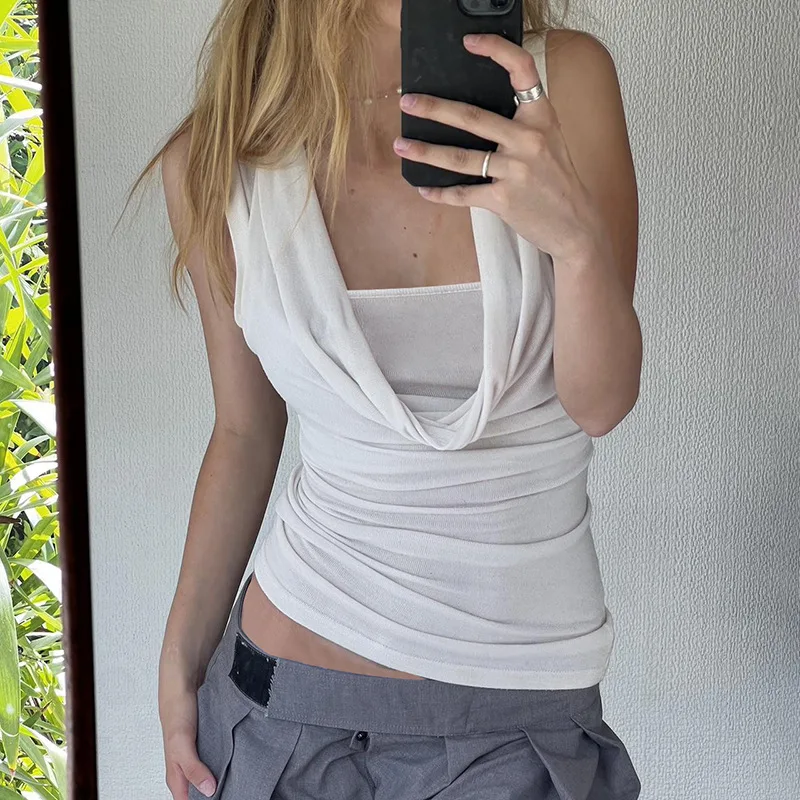 

European and American Sexy Hottie Style with A Mock Collar, Two-piece Vest, Elegant Temperament, Solid Color, and Pleated Top
