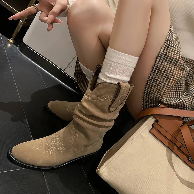 

Retro Slip-on Women's Western Boots Cow Suede Thick Heels Pointed Toe Woman Mid-calf Boots Autumn Winter New Female Cowboy Boots