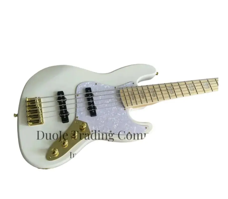 5-string classical white bass, cream bass, golden bridge, solid wood body, maple fingerboard, active battery, customizable view 5