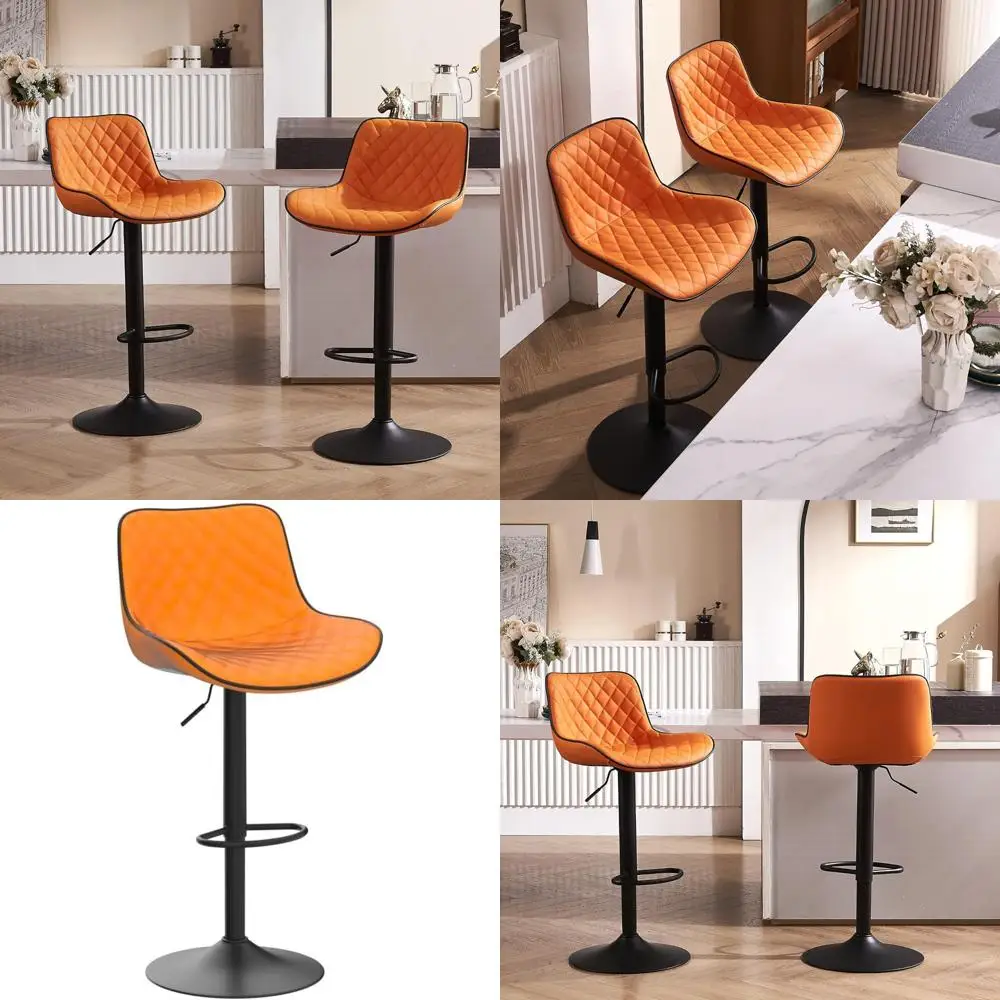 

Set of 2 Adjustable Counter Height Swivel Bar Stools in Orange and Black with Faux Leather Seats and Metal Legs, Supporting Up t