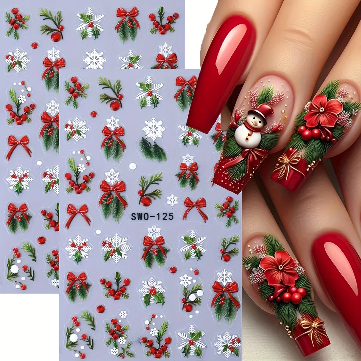 Christmas 5D Embossed Nail Stickers Red Bow Ribbon Holly Snowflake Christmas Winter Nail Art Decals Self-Adhesive Sliders DIY