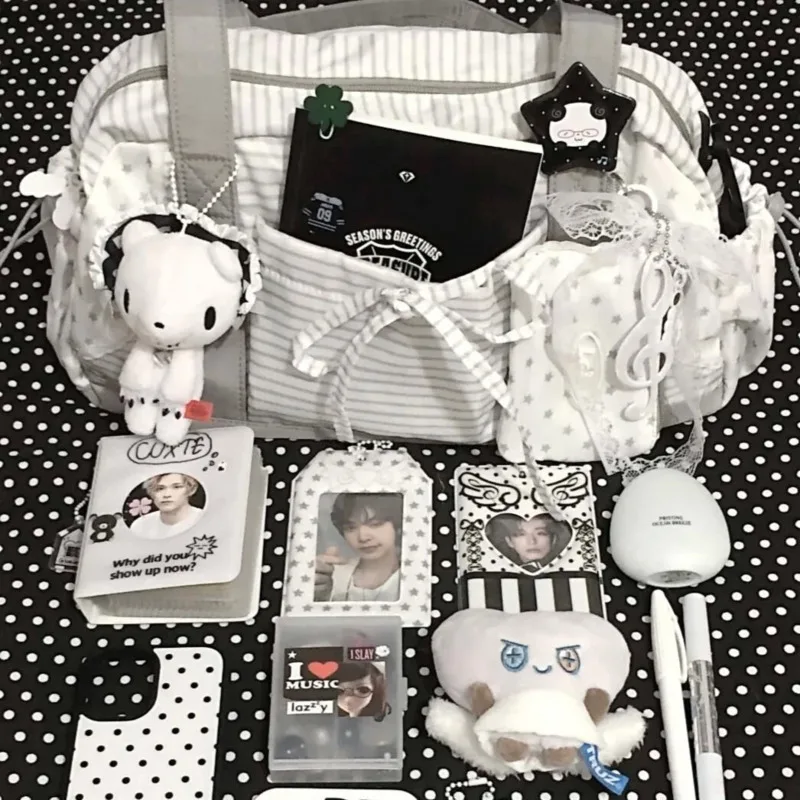 Tas Tote Musik Motif Bintang Gelombang Titik Pita Korea Tas Travel Bergaris Resleting Tas Selempang Kerja Kapasitas Besar Tas Boston Baru