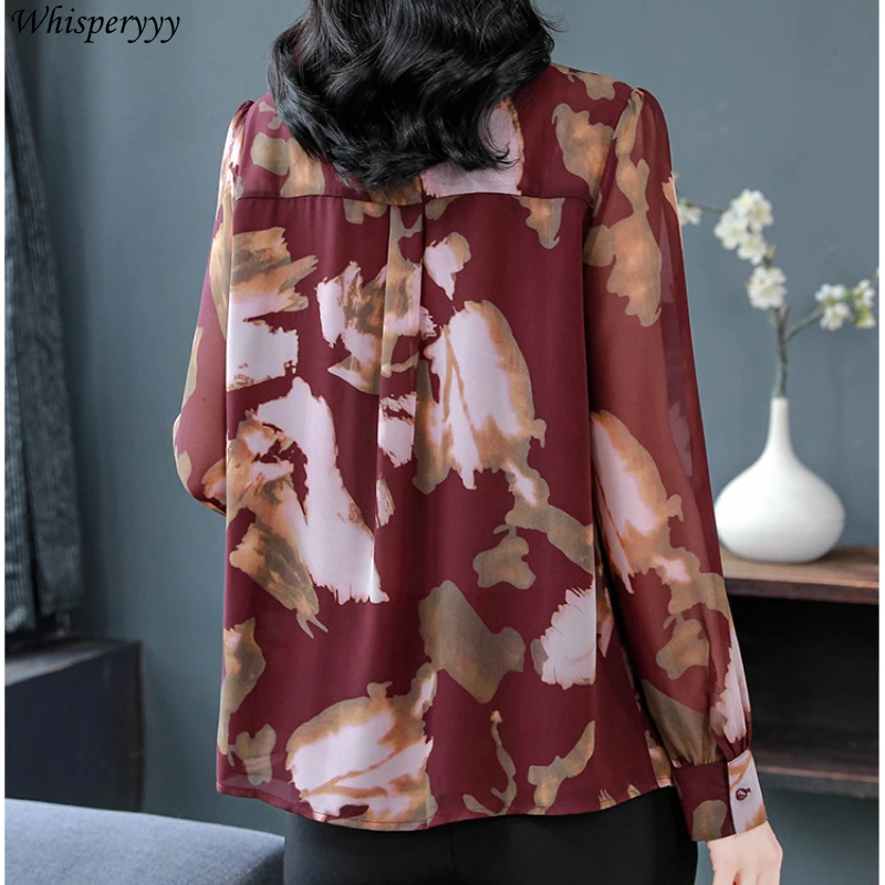 V-neck Bow Shirt Long-sleeved Women's Spring Clothing New Printed Chiffon Tops Female Casual Loose Blusas Femininas Elegantes