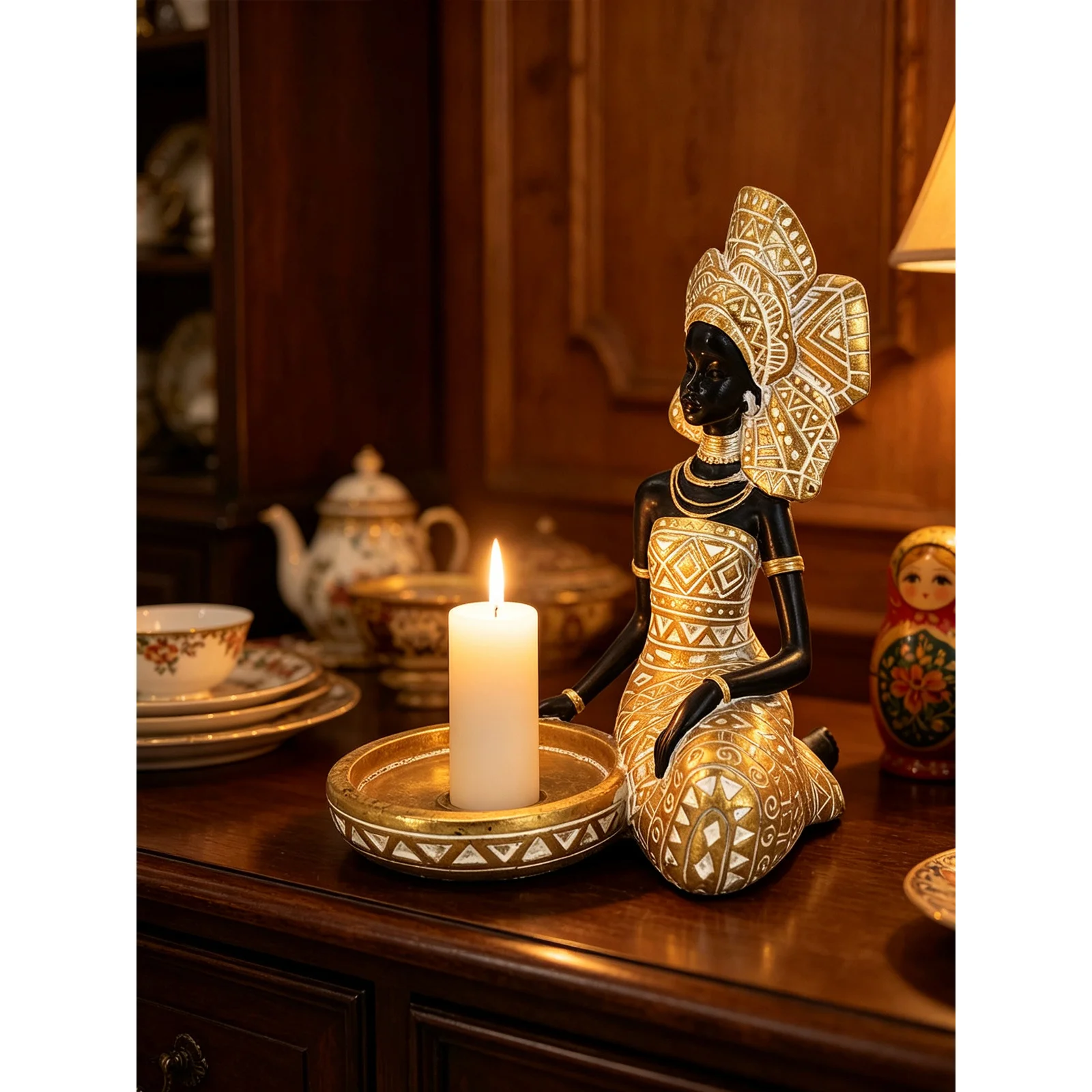 African Woman Figurine Candle Holder, Jewelry Key Tray Retro Ethnic Desktop Home Decor Gift