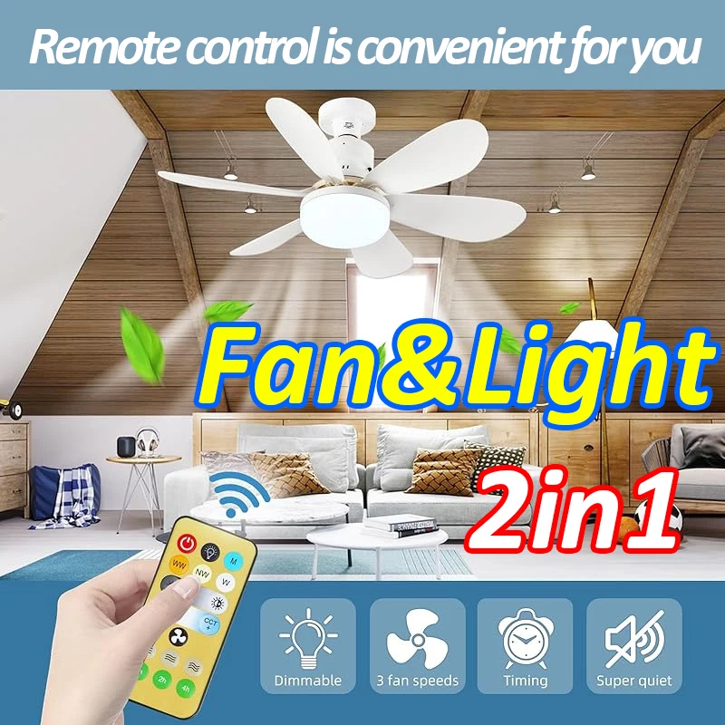 Ceiling Fan Light with Remote Control, E27 30 Watt Socket Fan Light with 3 Speeds and Dimmable 3 Colour Temperatures 6 Fan Blade