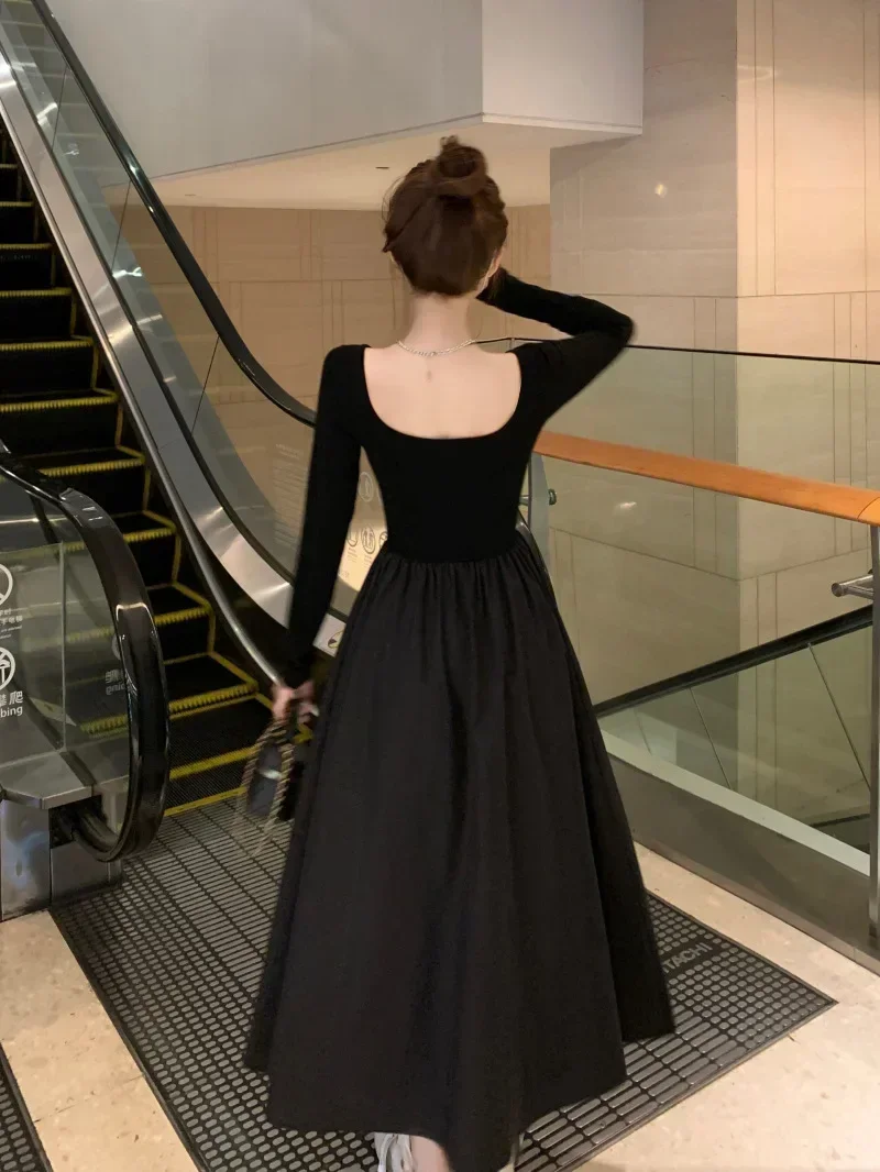 

Spring New Japan Korean Fashion Hepburn Style Gentle Temperament Pocket Waist Slim Panel Large Hemline Long Sleeve Dresses Y2k