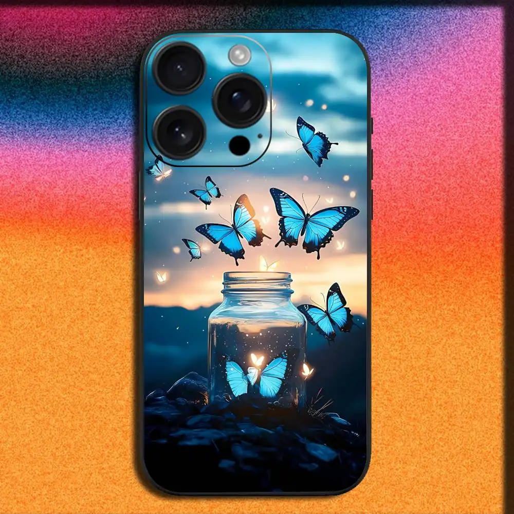 Custodia per telefono con farfalla blu per iPhone 17,16,15,14,13,12,11,Pro,Max,Plus,E,SE4,Air,Mini Cover nera
