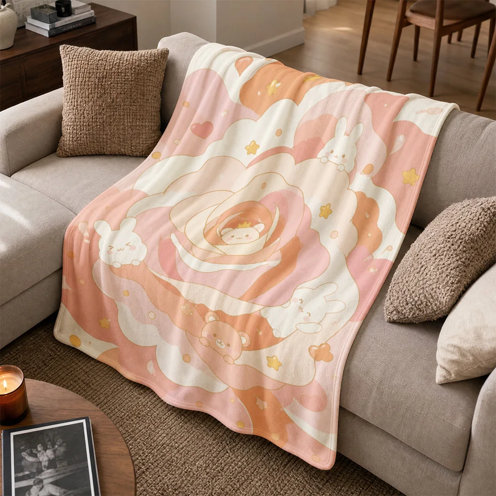 Adorable Kawaii Cartoon Animal Throw Blanket for Sofa Couch Decor Nursery Pink Pastel Cozy Fall Gift Idea