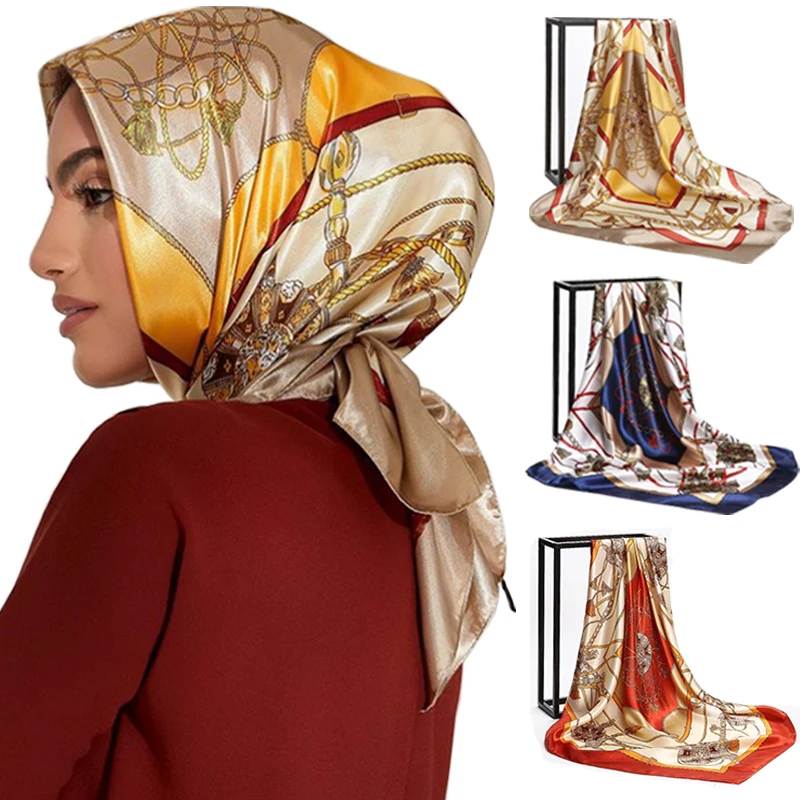 

90*90cm Women Square Silk Scarf Luxury Brand Large Shawl Neckerchief Print Headband Female Foulard Bandana Wraps Hijab Scarves
