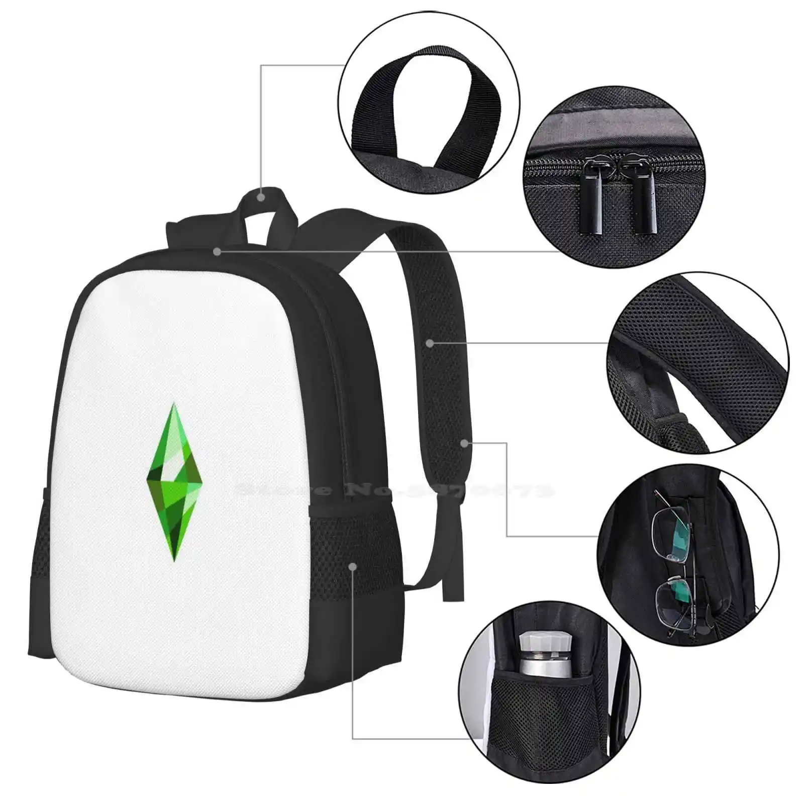 Mochila escolar con diseño de plumbbob, mochilas con diseño de patrón de Los Sims 4, actualización de los Sims 4, Happy Sims 3, Gaming Gamer