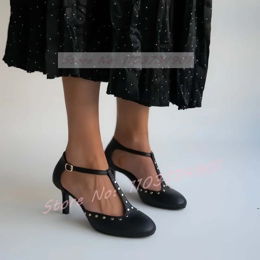 Rivets T-bar Close toe Sandals Women Retro Round Toe Buckle Strap Nude High Heels Shoes Ladies Elegant Party Sexy Sandals view 2
