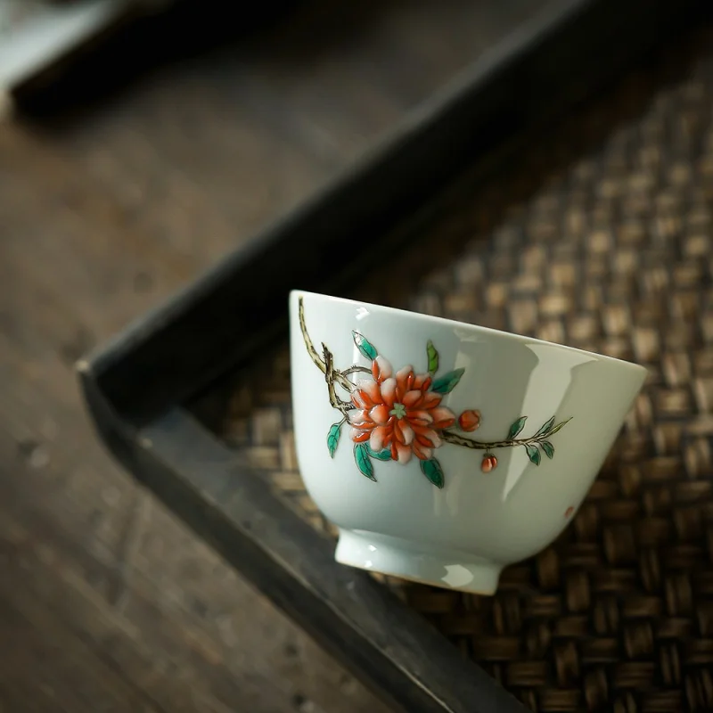 

Tea Cup Master Cup Handmade Jingdezhen Hand Drawn Kung Fu Tea Cup Single Cup Grass and Wood Gray Pomegranate Blossom Ceramic Tea