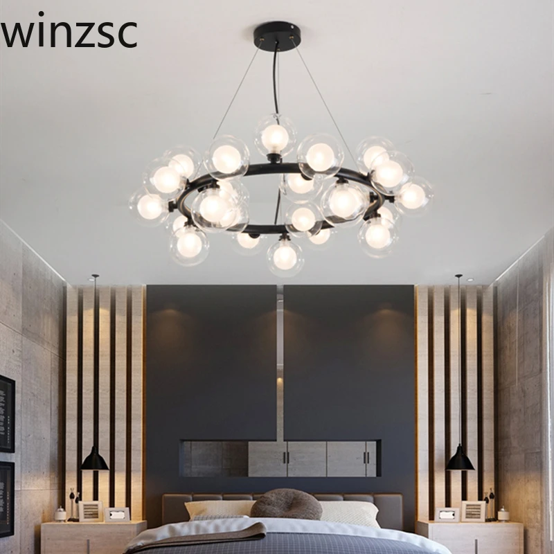 

LED Black Gold Chandelier Restaurant Living Room Double Glass Lampshade Ceiling Light Uspension Luminaire Pendant Lamp Lights