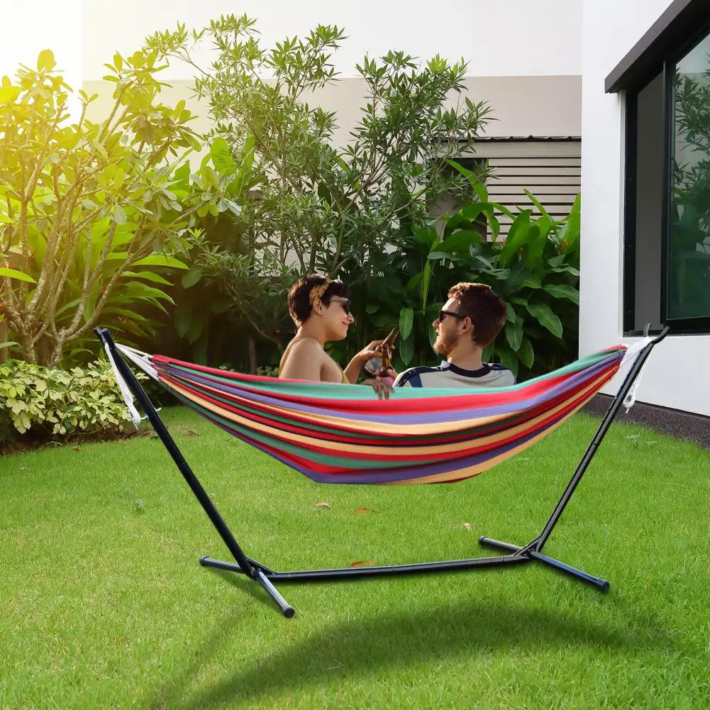 

Indoor Outdoor Hammock Swing Basics Double Hammock With Space Saving Metal Stand Striped Print Hammock Stand With Carrying Bag