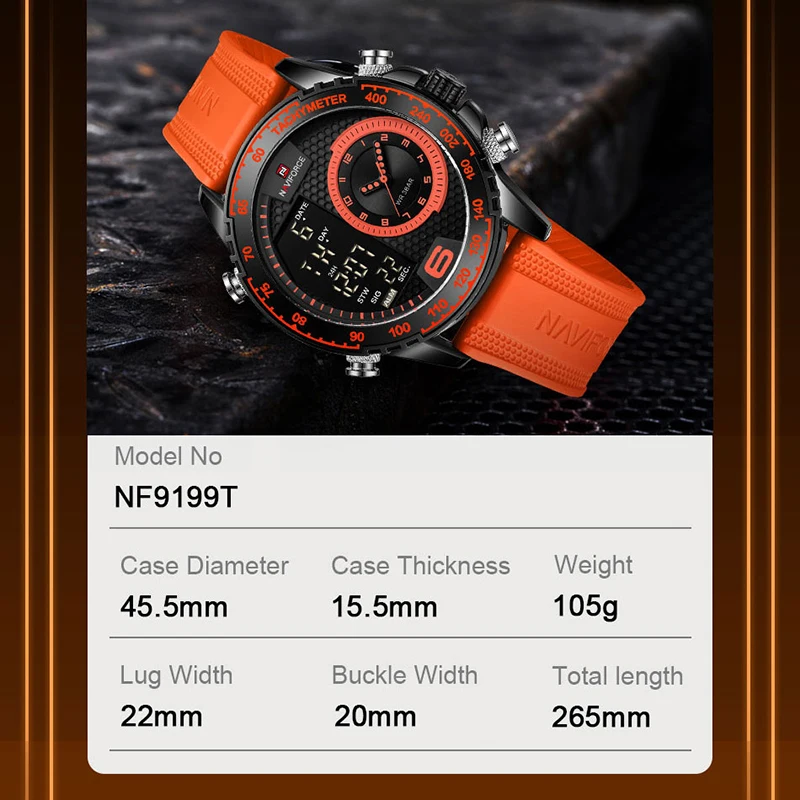 NAVIFORCE Military Sports Watches Male Waterproof Soft Silicone Strap Man Clock Luxury Fashion Luminous Men Wristwatches NF9199T