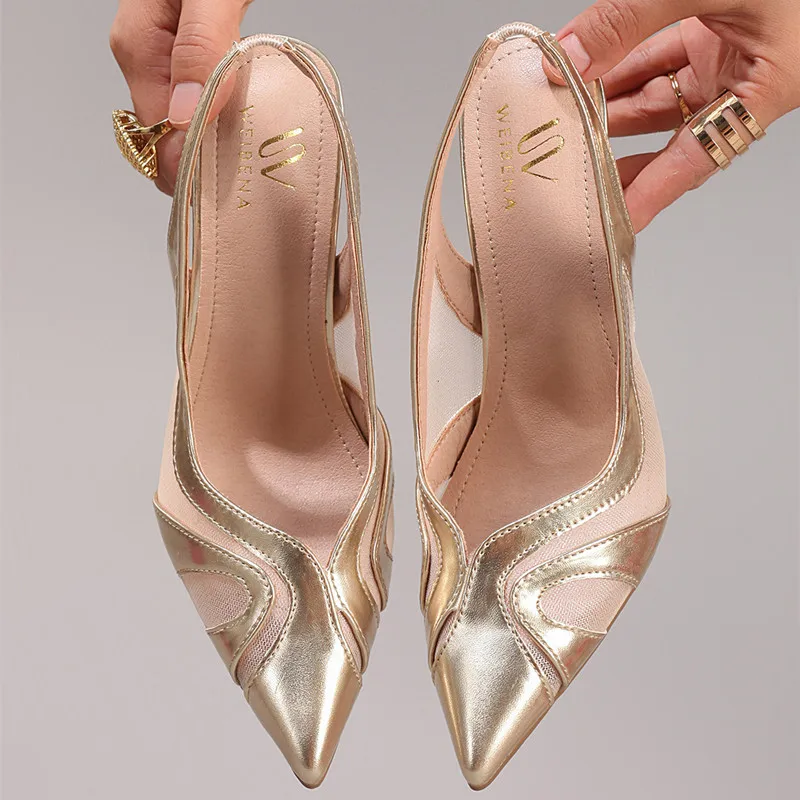 Женские кожаные туфли на высоком каблуке с кружевной сеткой, пикантные туфли-лодочки с острым носком, дышащие босоножки на каблуке, элегантная обувь для вечеринок