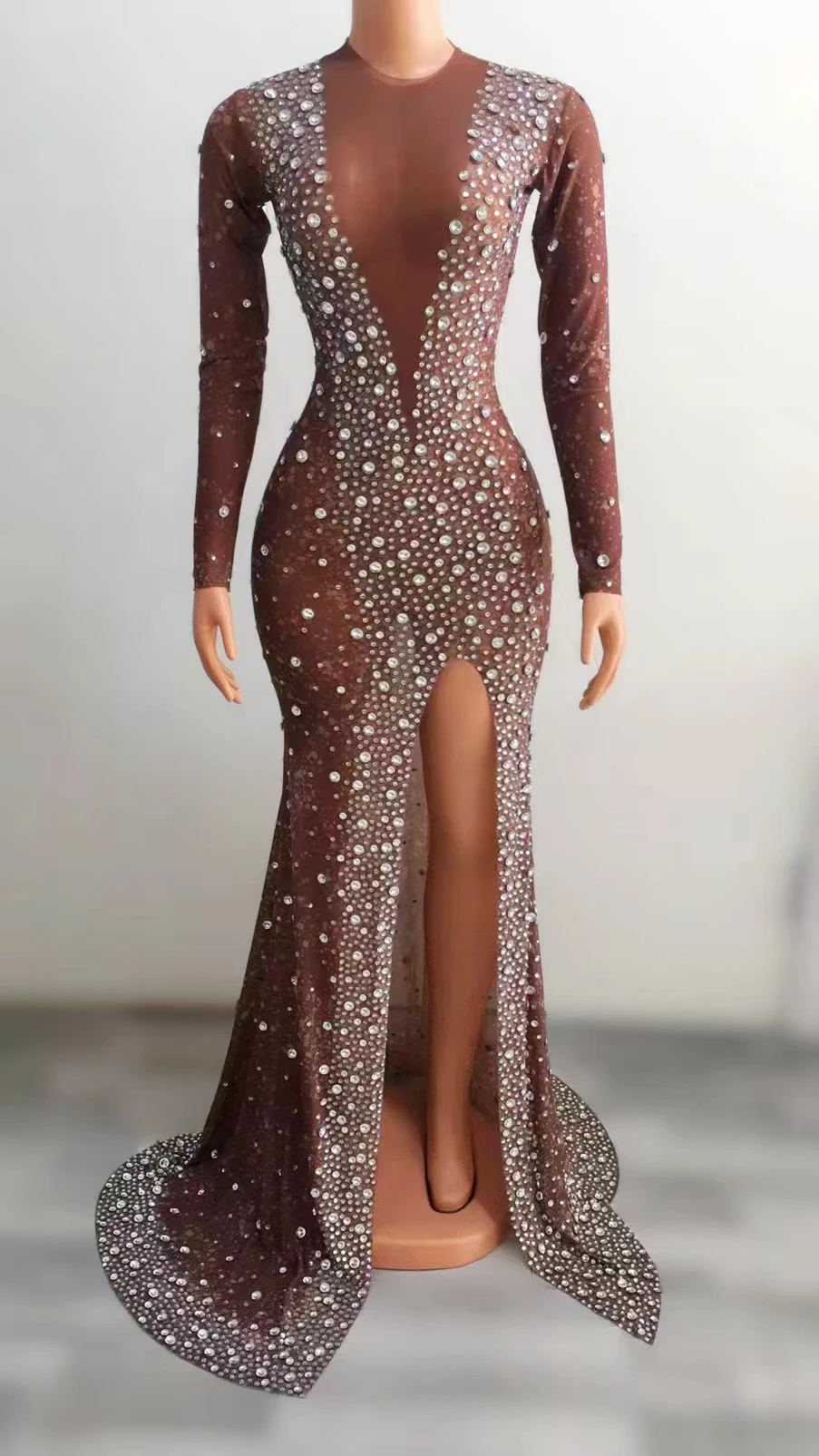 

Women Sparkly Silver Rhinestones BrownHigh Split Long Trail Dress Birthday CelebrateWedding Gown Dress Evening Club Host A075