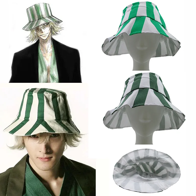Green White Stripes Bucket Hat Anime Bleach Cosplay Urahara Kisuke