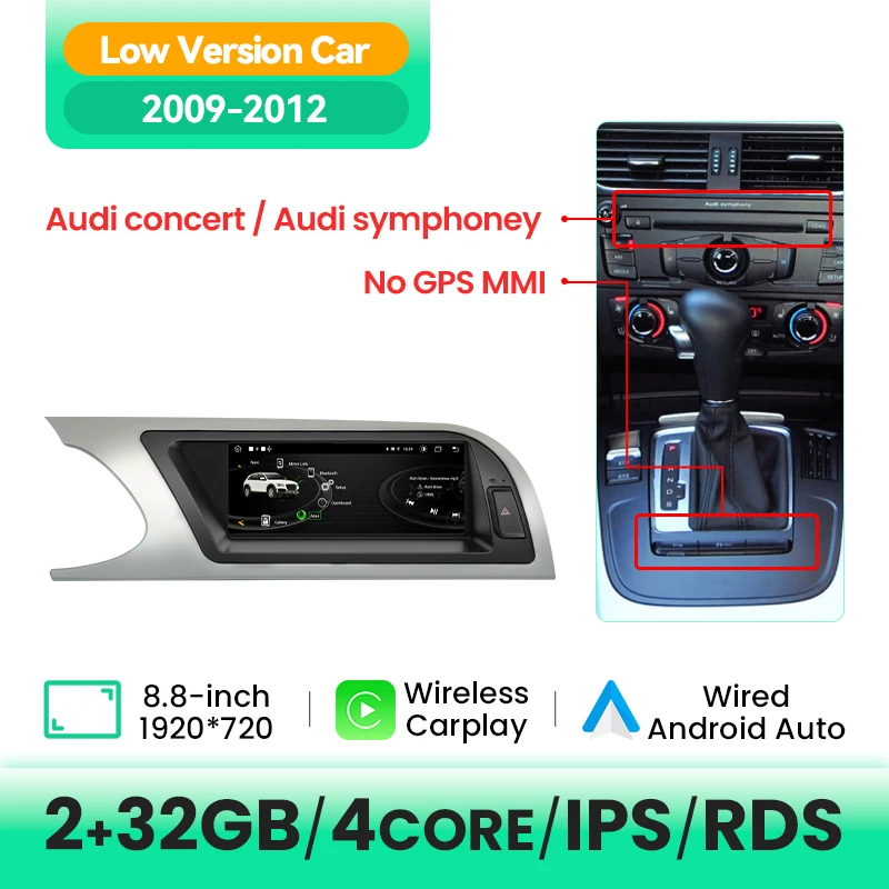 AI Voice Draadloze Carplay Auto AutoRadio Speler Voor Audi A4 2009-2016 Android 14 8Core 6GB + 128GB WIFI 4G SIM BT GPS Navi DSP