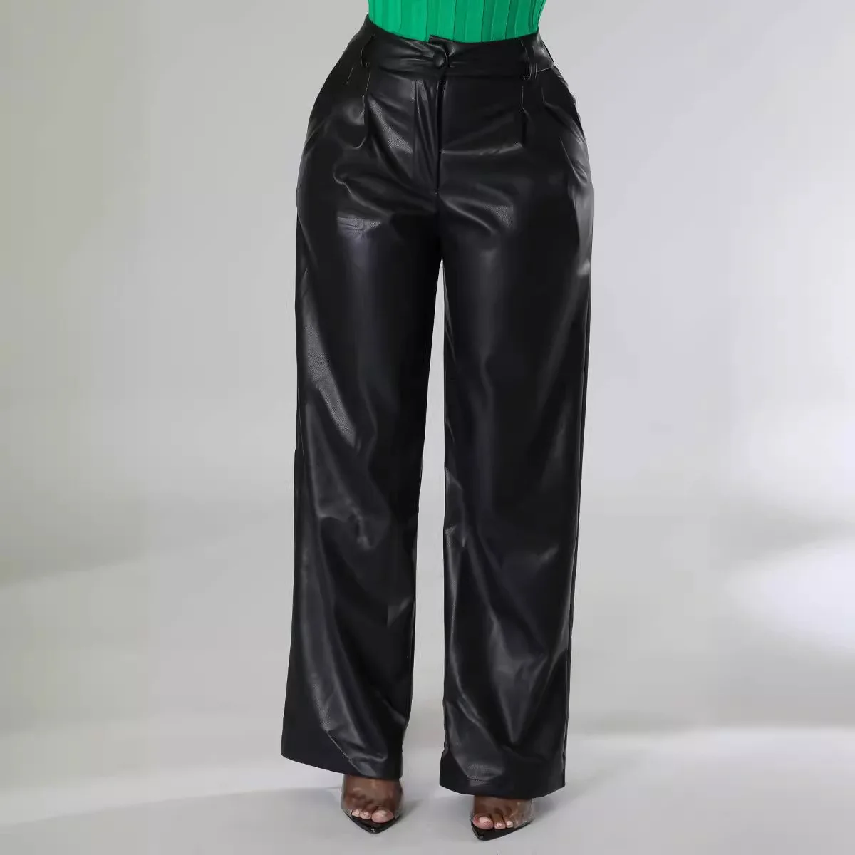 Women Pu Pant Long Pants High Waist Sexy Straight Trousers Loose Casual Regular Button Pocket Elegant Splice Capris 2024