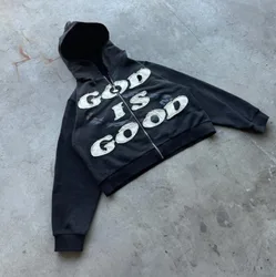 Y2K American New Trend Retro God is Good Casual Street Wear Zip-up Hoodie Men's and Women's Harajuku Hip-hop Gothic Street Wear