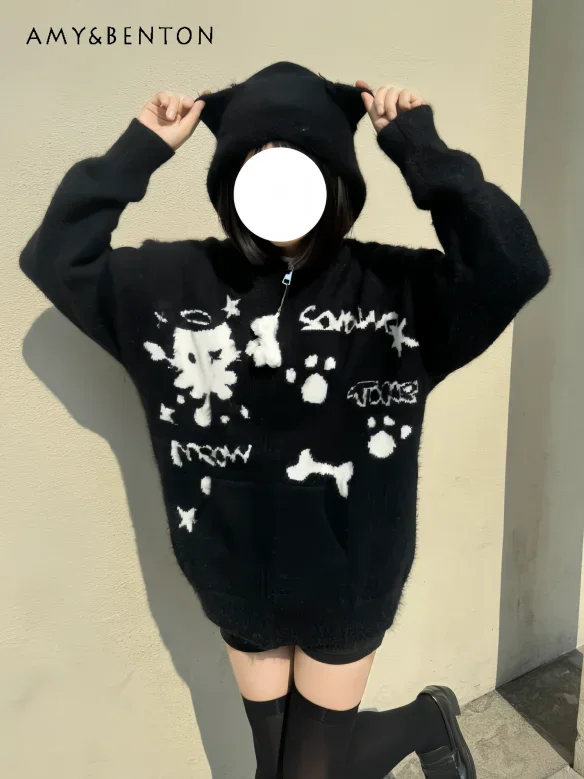 

Harajuku Sweet Cool Girl Mink Hair Knitted Cardigan Women Subculture Two-dimensional Cartoon Print Goth Hooded Knitted Cardigans