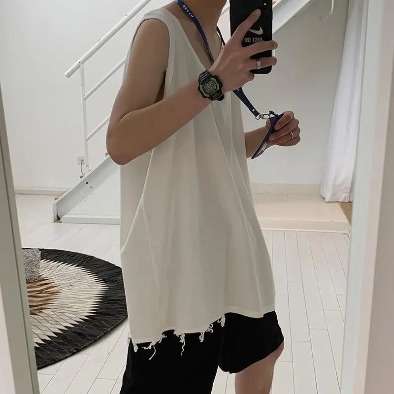 Hip Hop Streetwear Men Retro Old Vest Harajuku Multicolors Oversized Tank Tops Summer Sleeveless T-shirt Solid Color Tees