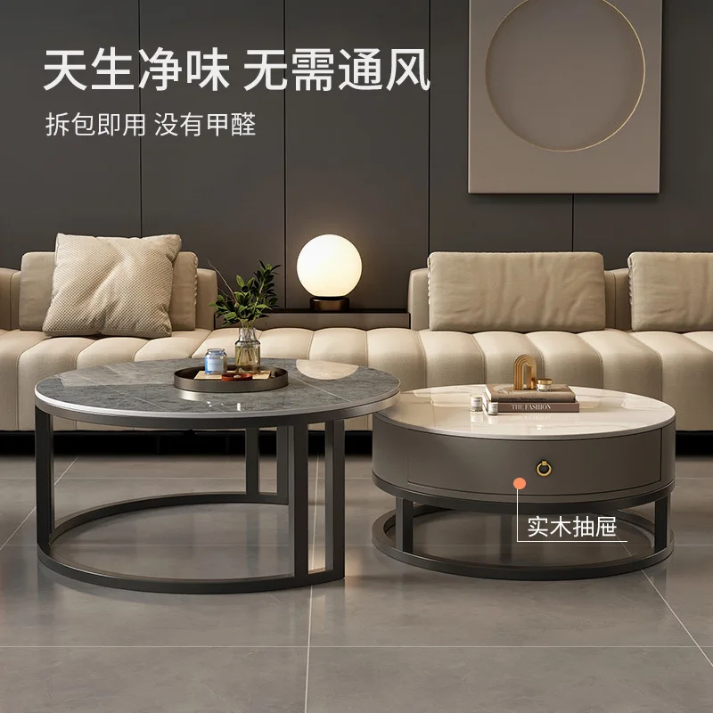 Rock slab coffee table, light luxury, modern simplicity, round small apartment coffee table