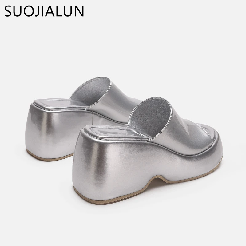 SUOJIALUN 2023 Summer Women Slipper Fashion High Wedge Heel Ladies Elegant Slides Shoes Open Toe Slip On Outdoor Sandal Pumps