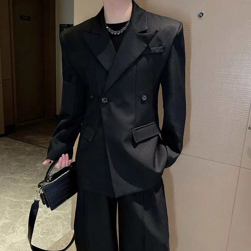 Elegante Chaqueta de Traje Casual para Hombre, Estilo Británico, con Hombros Reforzados, Corte Entallado, Color Negro, Moda Primavera, Poliéster
