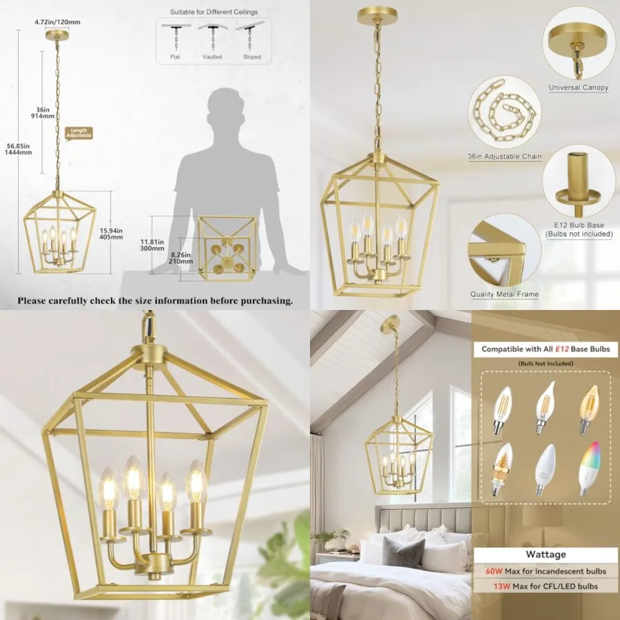 4 Light Chandelier, Industrial Ceiling Light Lantern Light Fixtures with Farmhouse Metal Cage Adjustable Height Rustic Geometri