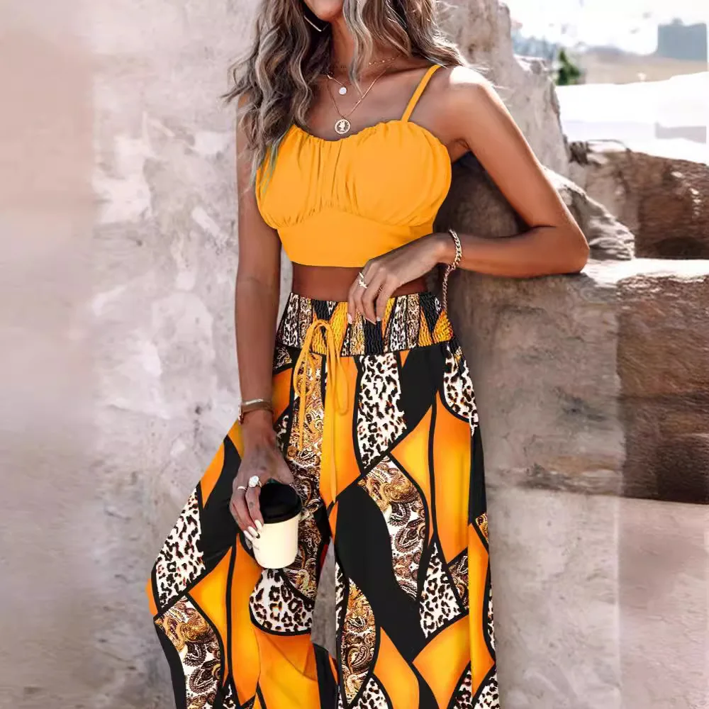 Two Piece Set Women 2024 Summer Fashion Printing Two Piece Set Women Casual Solid Sleeveless Tank Top Wide Leg Pants Suit