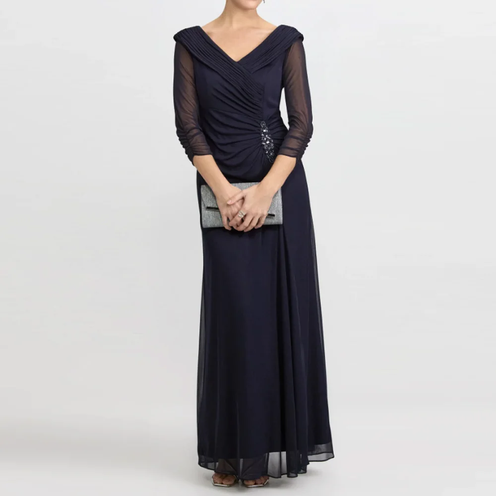 

Элегантное платье для матери невесты, А-силуэт, с V-образным вырезом, для гостей на свадьбу, из шифона, с плиссировкой, разрезом спереди, аппликацией, вечернее платье, на заказ