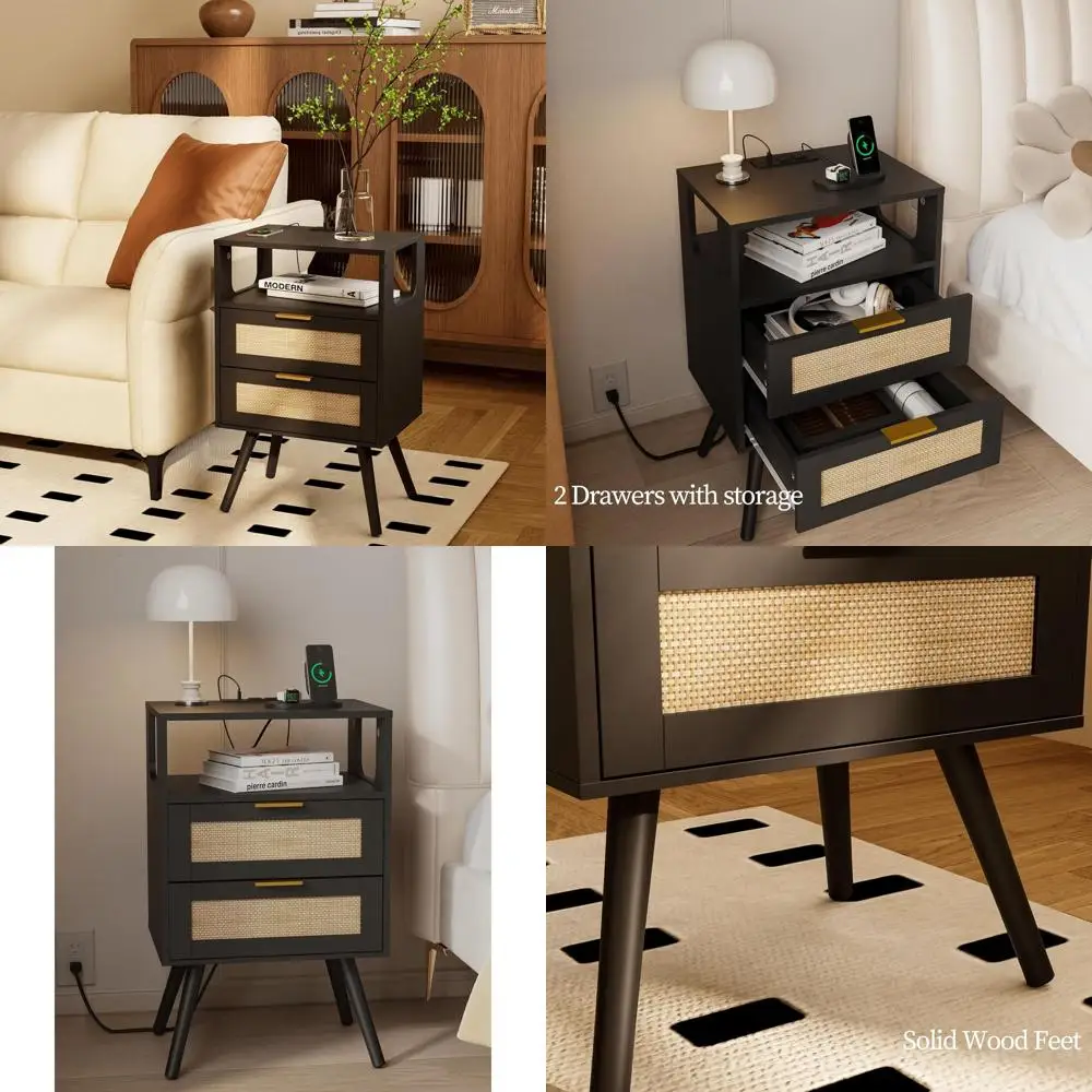 

Charging Station Nightstand with 2 Drawers and Open Shelf, Farmhouse Style, Solid Wood Legs, Black for Bedroom and Compact Space
